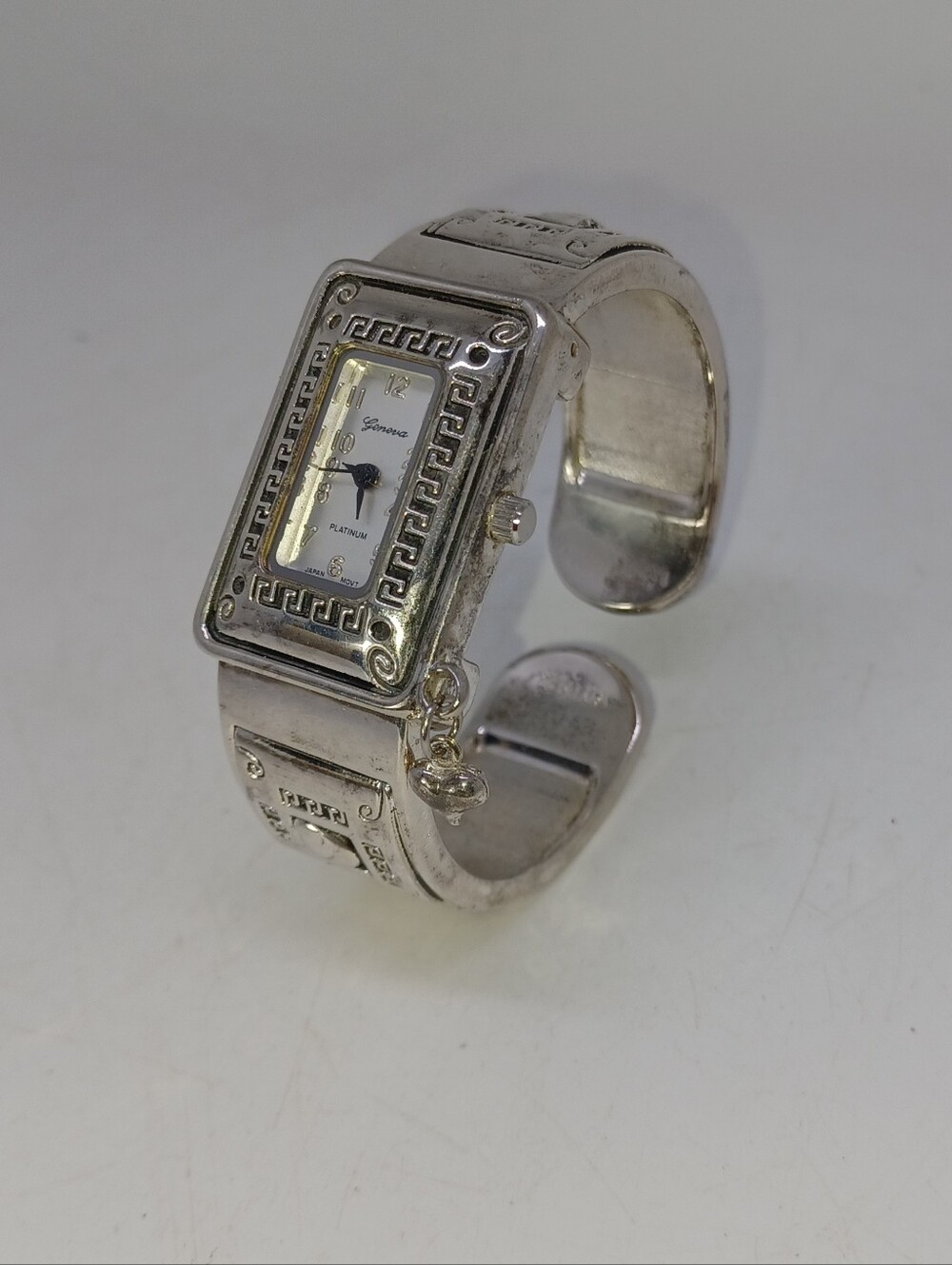Geneva Platinum Wristwatch Silver Tone Heart Theme Cuff Band Hanging Heart Charm